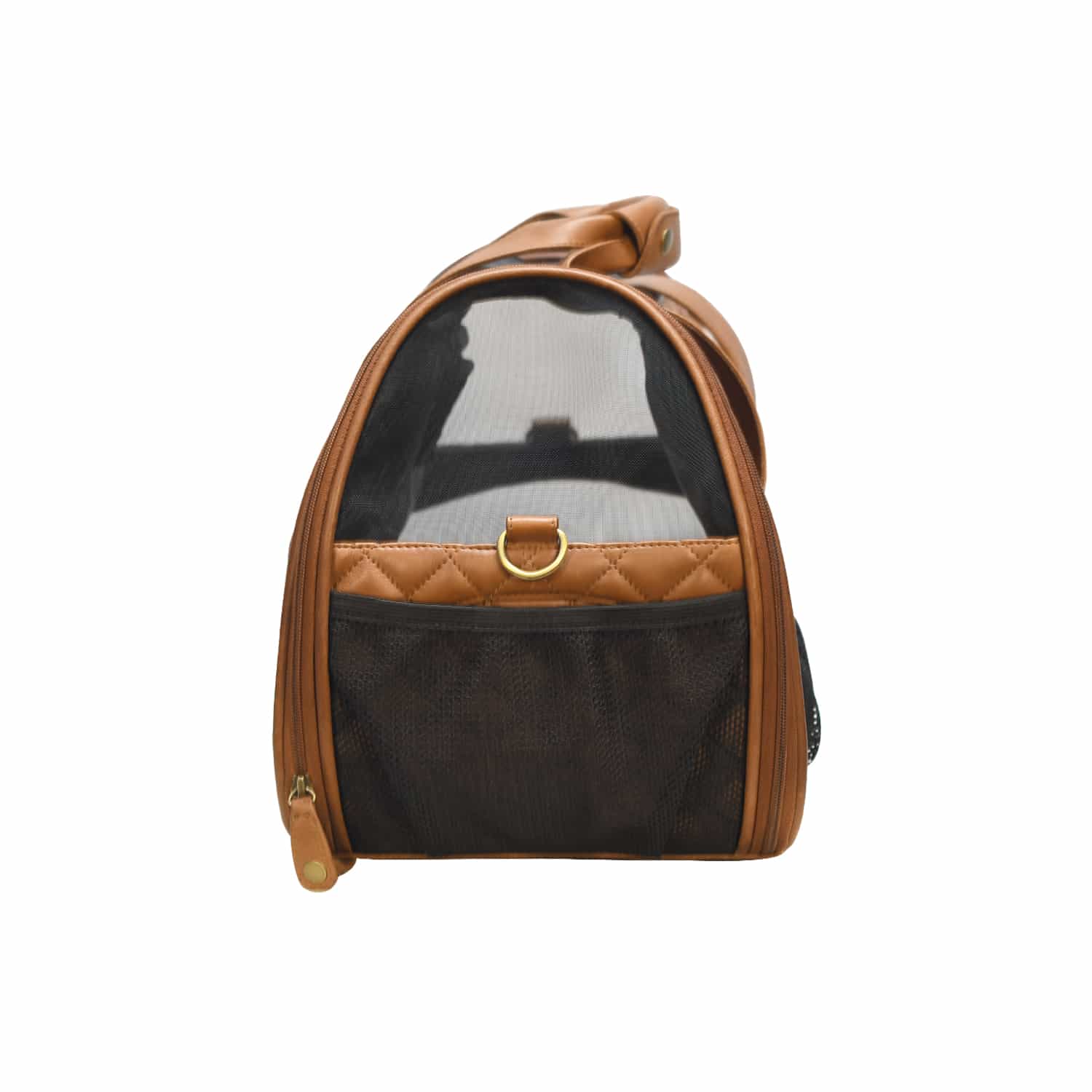 Small dog resting inside genuine leather carrier black and brown


