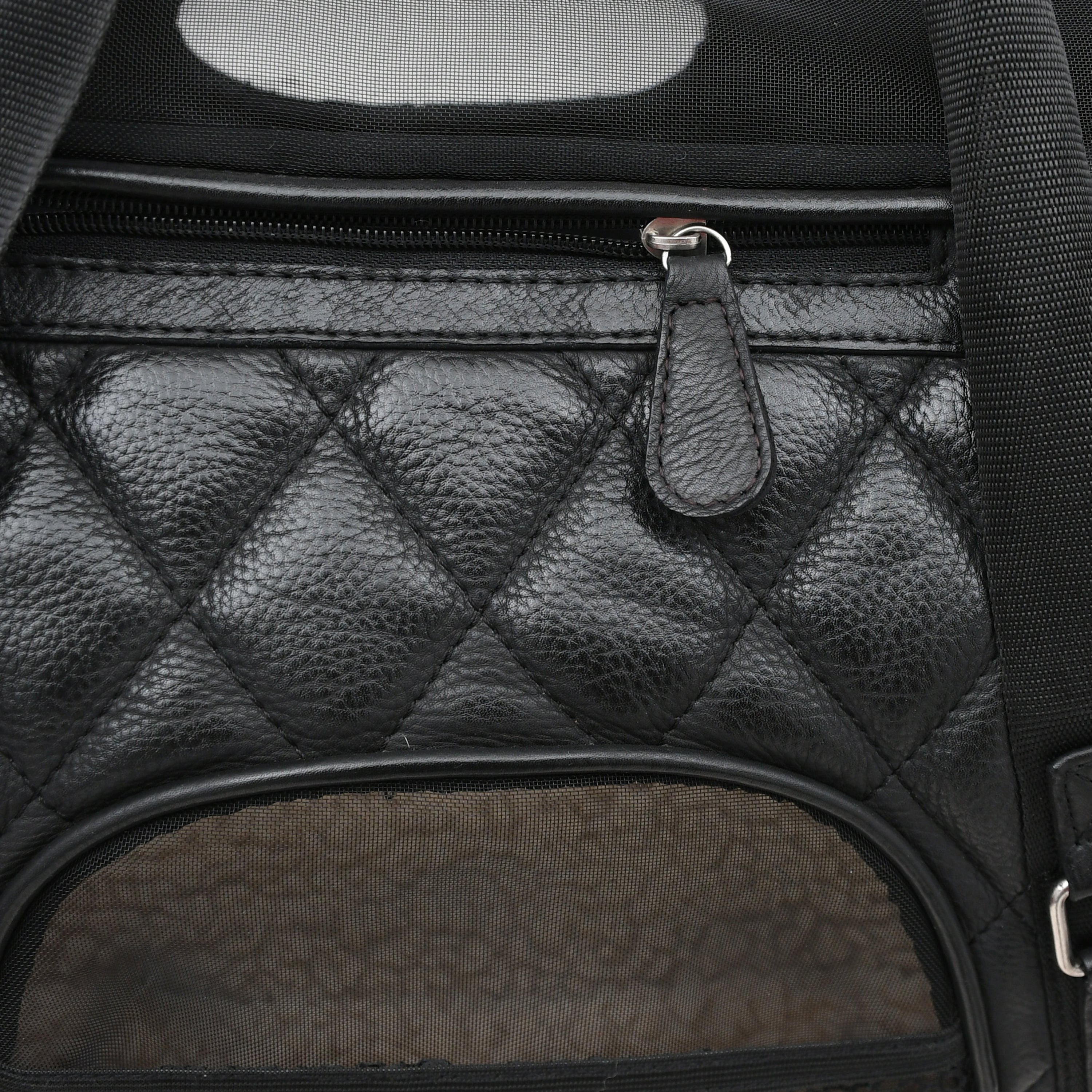 Black Airline approved leather pet carrier with breathable mesh

