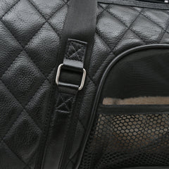 Stylish brown leather dog travel bag with shoulder strap

